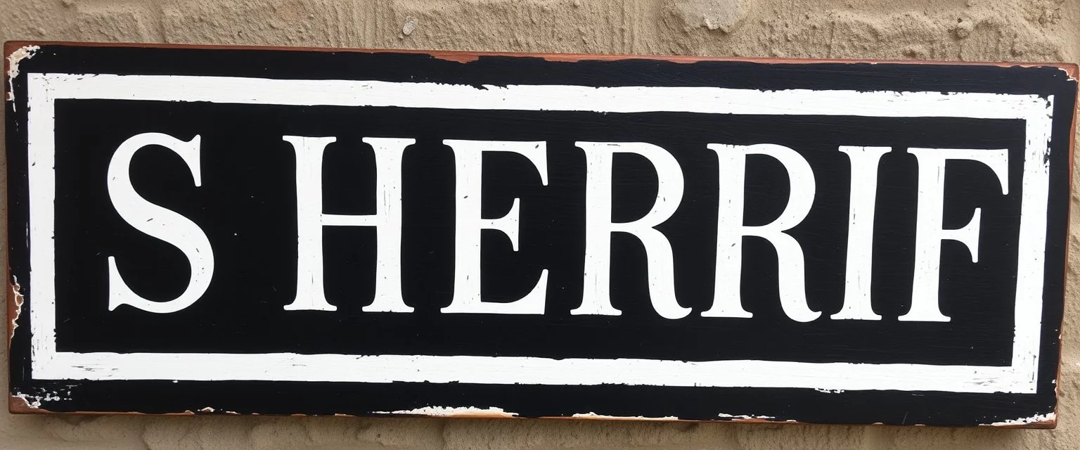 wide hand painted old sign that reads: "SHERRIF" white on black with inset boarder stripe in white