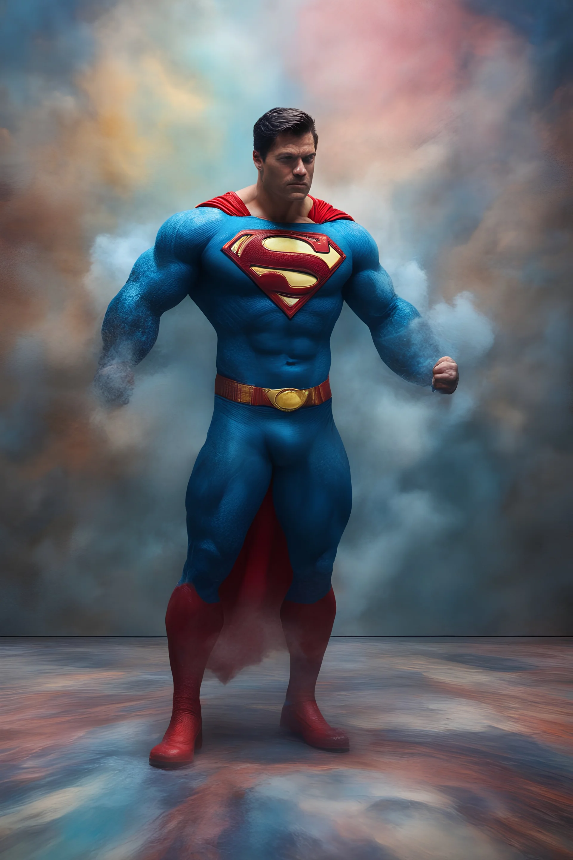 Superman, extremely huge, overexaggerated muscles, posing and flexing in a front of the camera, random extreme action poses, an extremely colorful, multicolored foggy blue marble wall in the background with a colorful marble tile floor, multicolored lightning, realism engine,