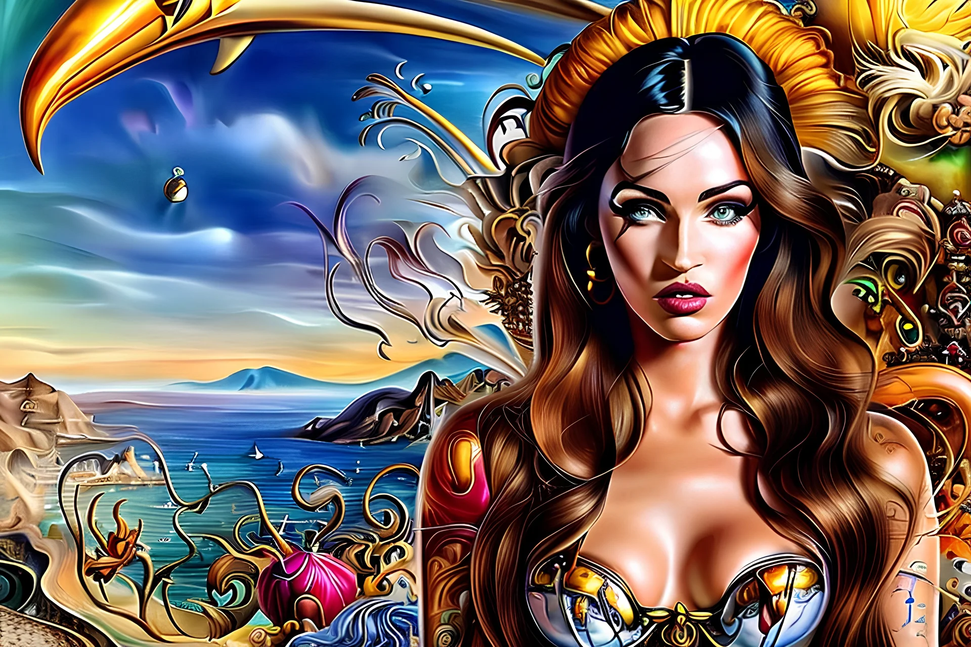 A surreal, Salvador Dali-inspired full body portrait of Megan Fox with her facial features melting and morphing into a dreamscape filled with whimsical and bizarre elements, showcasing the fluidity and boundlessness of the human imagination. HD 4K, scientific detail