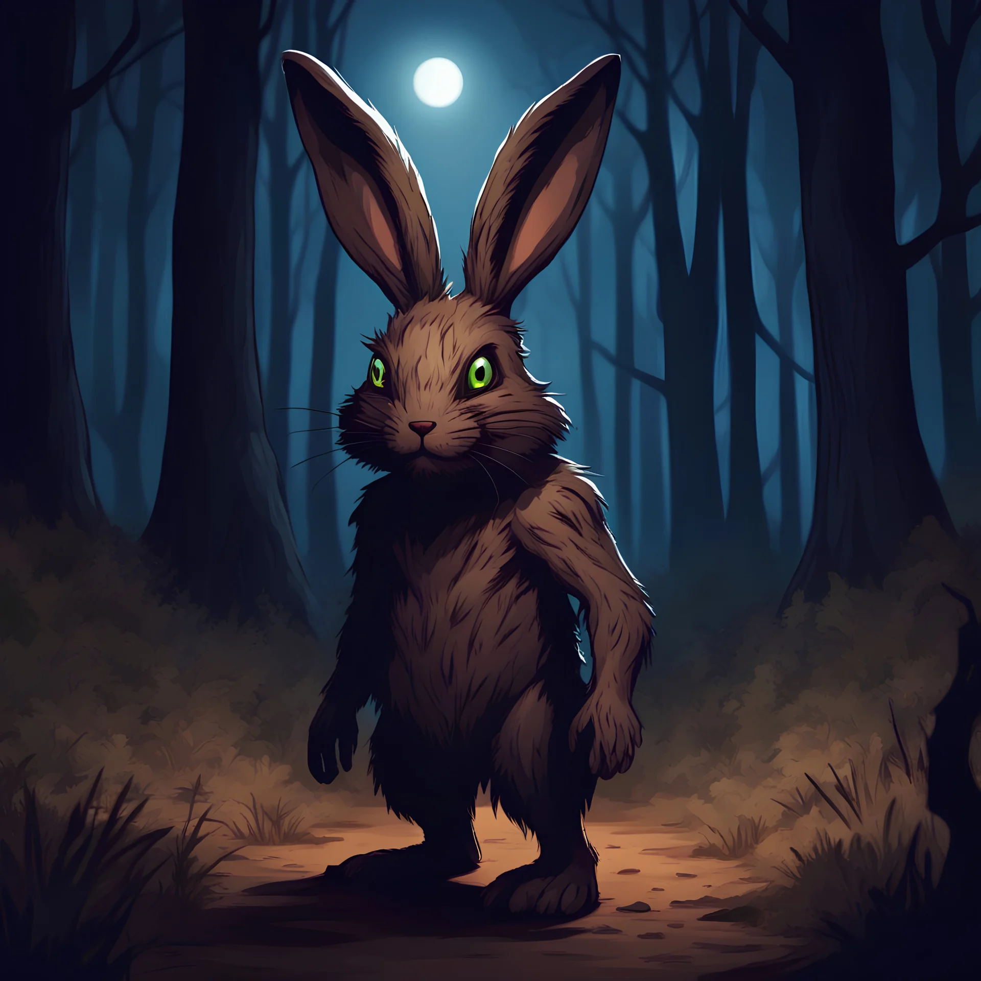 Bipedal creature resembling a rabbit with dark brown bark-like skin and fur with a extra eye on forehead in a forest at night in cell shade art style