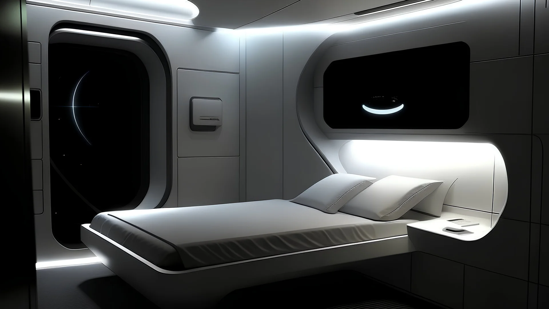 Small futuristic room minimalist inside, the bed has a hole, night