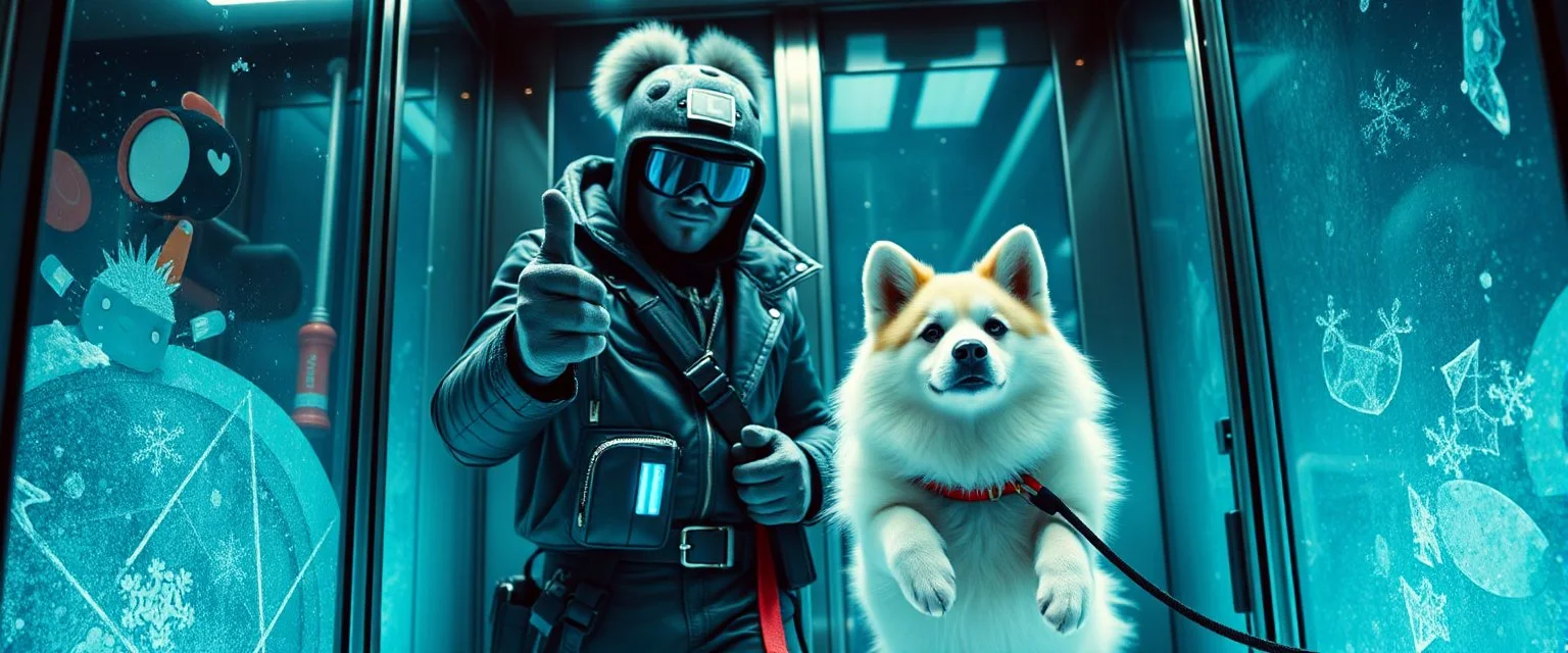 frankie picks up and carries rasta bad ass criminal frost cyberpunk bard into hi tech glass elevator, he give a thumbs up with blue driving glowes, holding an calm fluffy eskimo dog on a leash