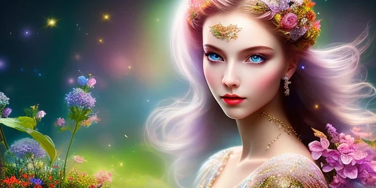 bright fairy, beautiful portrait, flowery landscape