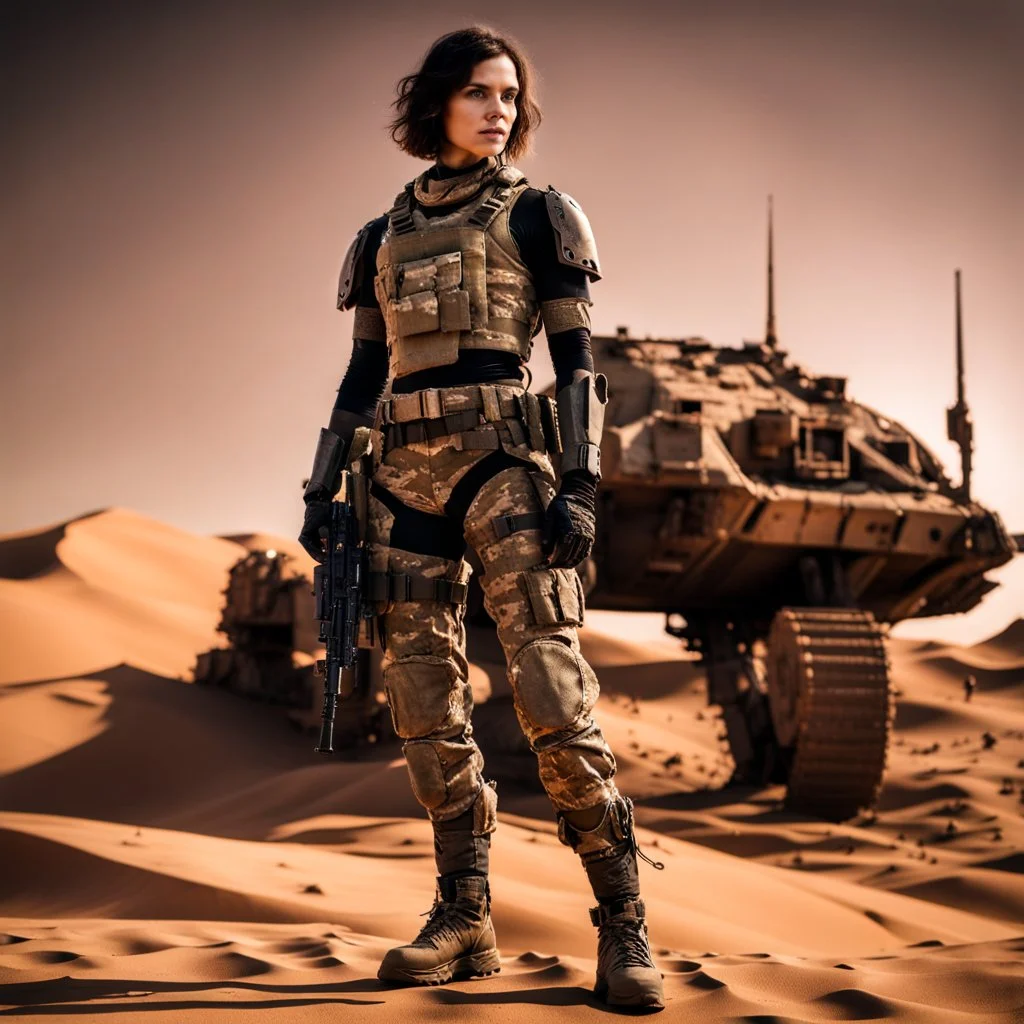 beautiful caucasian female soldier, black metal body and limbs, visible cybernetic limbs, scratched sand camo, no armor, short brunette wavy bob haircut, dystopian, desert scene