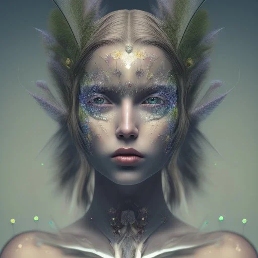 Portrait of beautiful girl, face dept of field,face shining, plant, metal,lens blur,,Unsharp masking, feathers,central weight average,Laplacian filt CWA Dryad,Median filter fae, sidhe, ominous, nature, plants, wildflower sparkle,wildflower 3d view, facepaint, dnd character portrait, intricate, oil on canvas, masterpiece, expert, insanely detailed, 4k resolution, retroanime style, cute big circular reflective eyes, cinematic smooth, intricate detail , soft smooth lighting, soft pastel colors