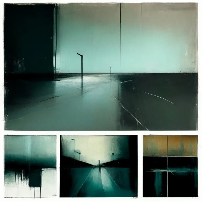 Minimal abstract oil paintings of a desolate concrete 1960s carpark. Road with distant Blurry lights. On the floor are concrete fragments and road markings . In the dark mysterious style of Justin Mortimer and Francis Bacon.