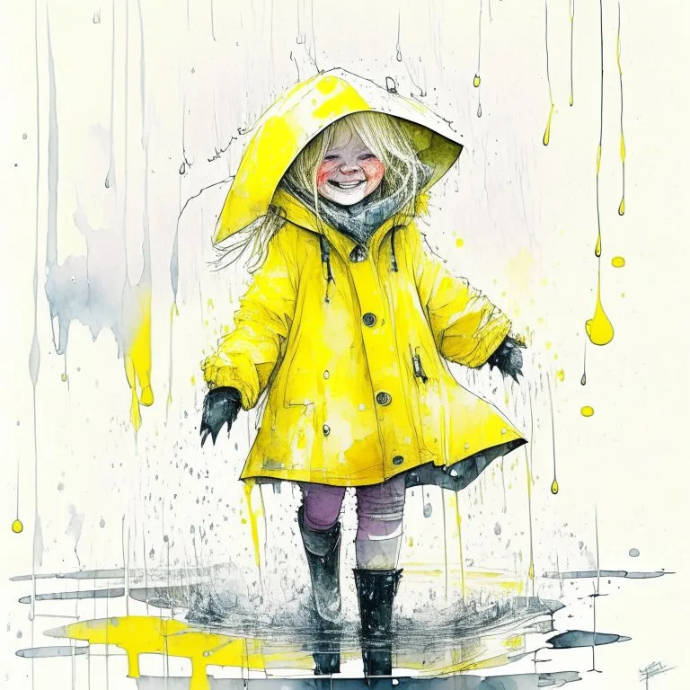 watercolor and ink illustration, adorable smiling little blonde girl in a yellow raincoat hat and galoshes that are too big for her, splashing in puddles after a rainstorm, color splash, splash art, yellow color pop in a grayscale world, complex contrast, kinetic, reflective