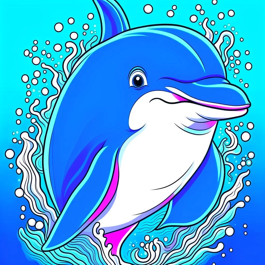 a cute illustration of a Dolphin, detailed, using three colors blue. ocean background.