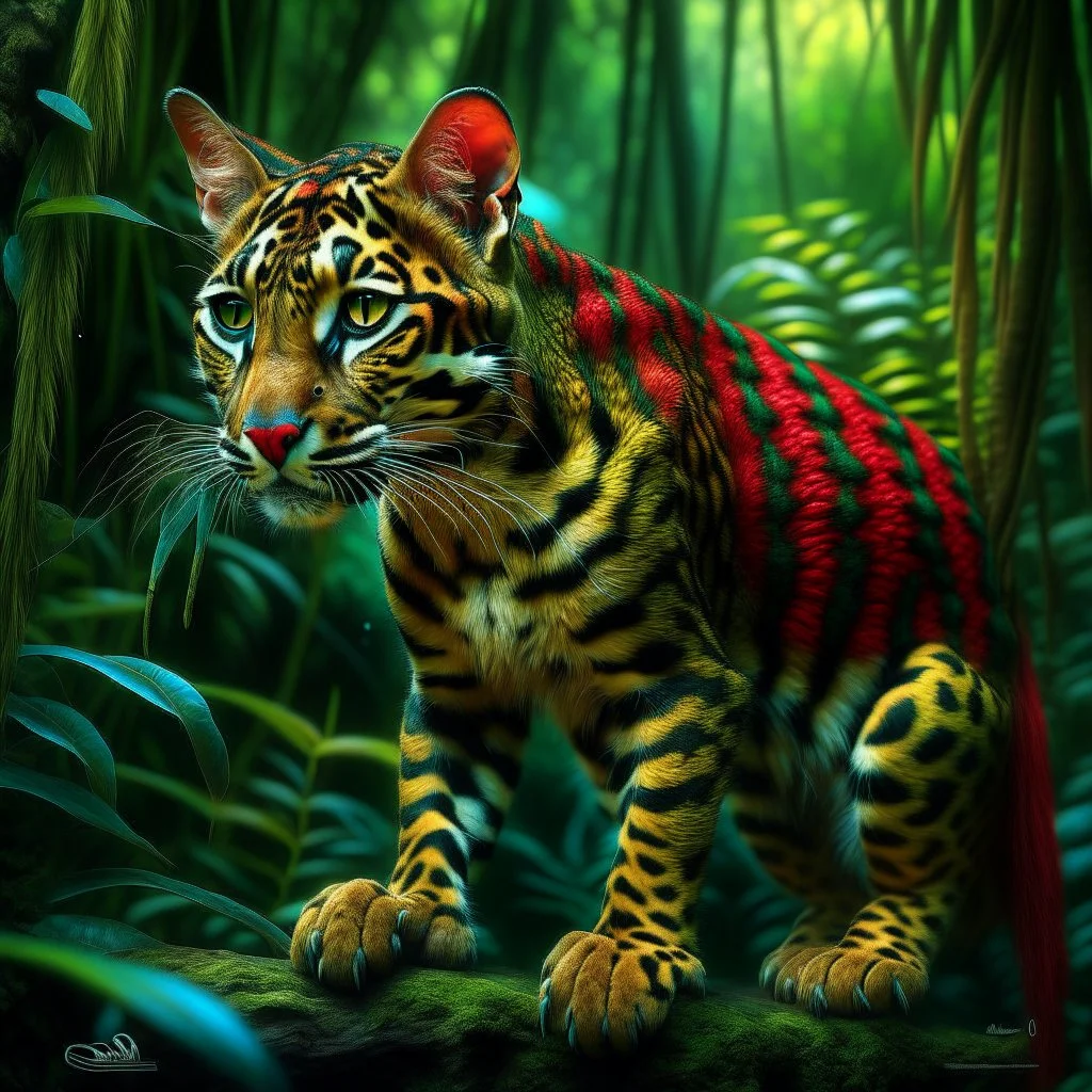 Create a surreal digital painting of an ocelot, seen from the side, whole body, heraldic and with a jungle background, in the style of Max Ernst. Modifiers: digital painting intricate beautiful high detail hyperrealistic high definition crisp quality colourful surreal alcohol ink Haunted Nature