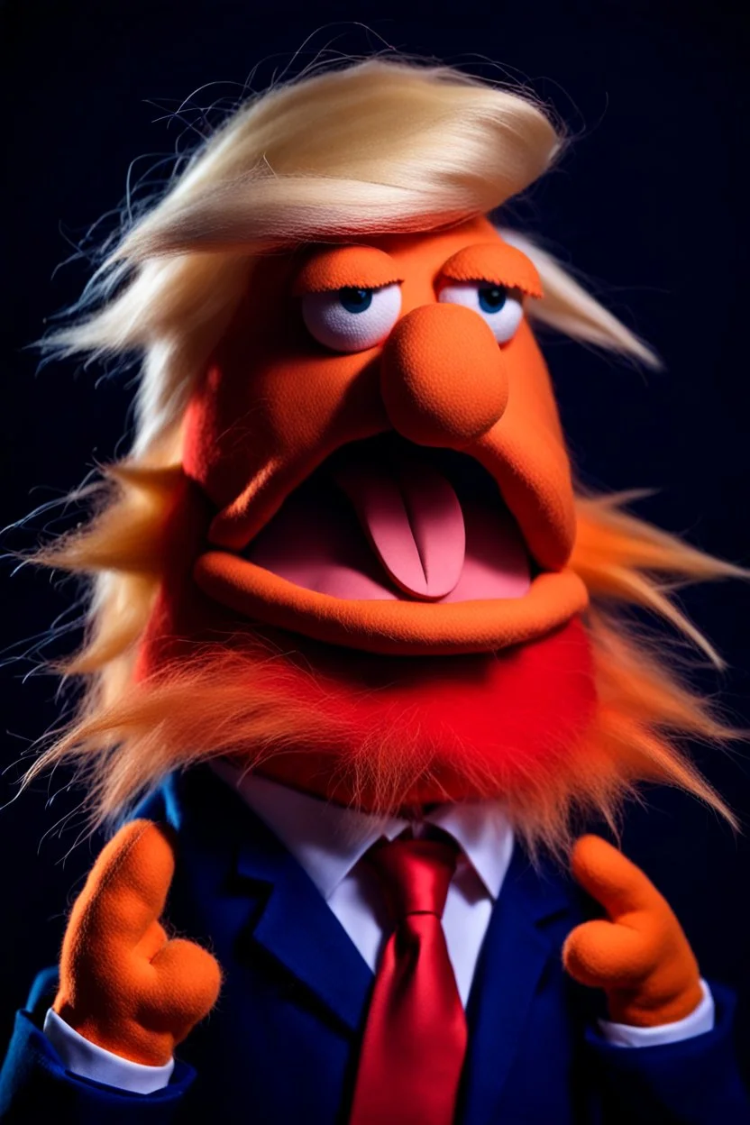 a Film Photograph of a realistic angry orange Donald Trump Muppet made of felt and fur wearing a dark blue suit and red tie and with blonde hair combover, he is old and angry