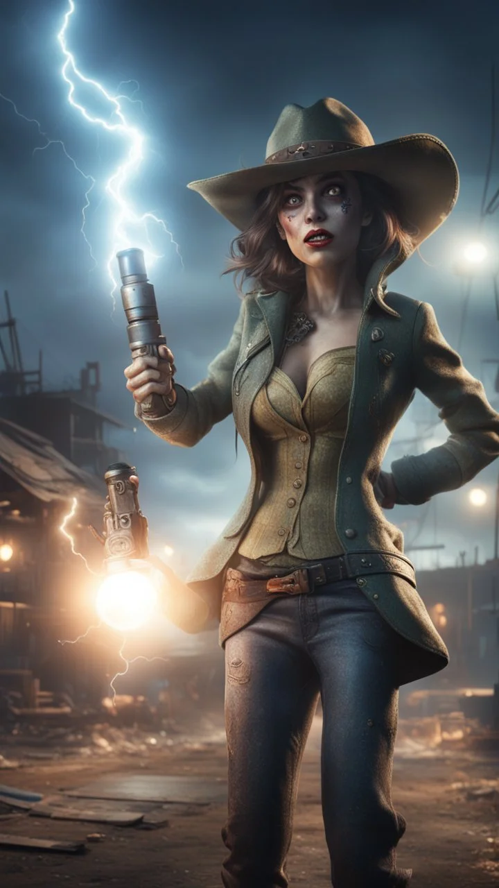 flashy magazine cover illustration, fallout 4 docks setting, horror weird cowboy wizard alien in female garments,holding bright flashlight, getting hit by lightening electric arc, with big disturbed eyes,bokeh like f/0.8, tilt-shift lens 8k, high detail, smooth render, down-light, unreal engine, prize winning