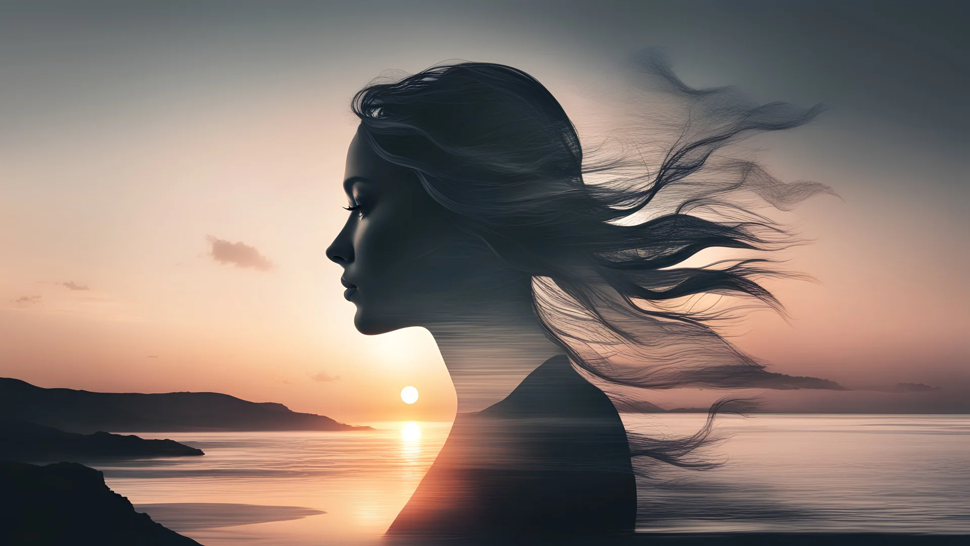 high quality, 8K Ultra HD, A beautiful double exposure that combines an goddess silhouette with sunset coast, sunset coast should serve as the underlying backdrop, with its details incorporated into the goddess , crisp lines, The background is monochrome, sharp focus, double exposure, awesome full color,