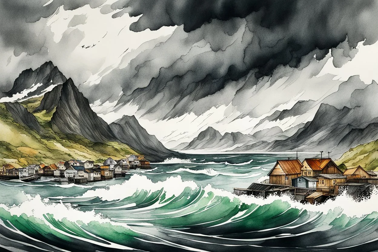 an abstract ink wash and watercolor illustration of a storm tossed, highly detailed coastal fishing village in the mountainous islands of Lofoten , with ominous storm of the century thunderheads and pounding surf , finely drawn and inked, 4k, hyper detailed and vibrantly colored