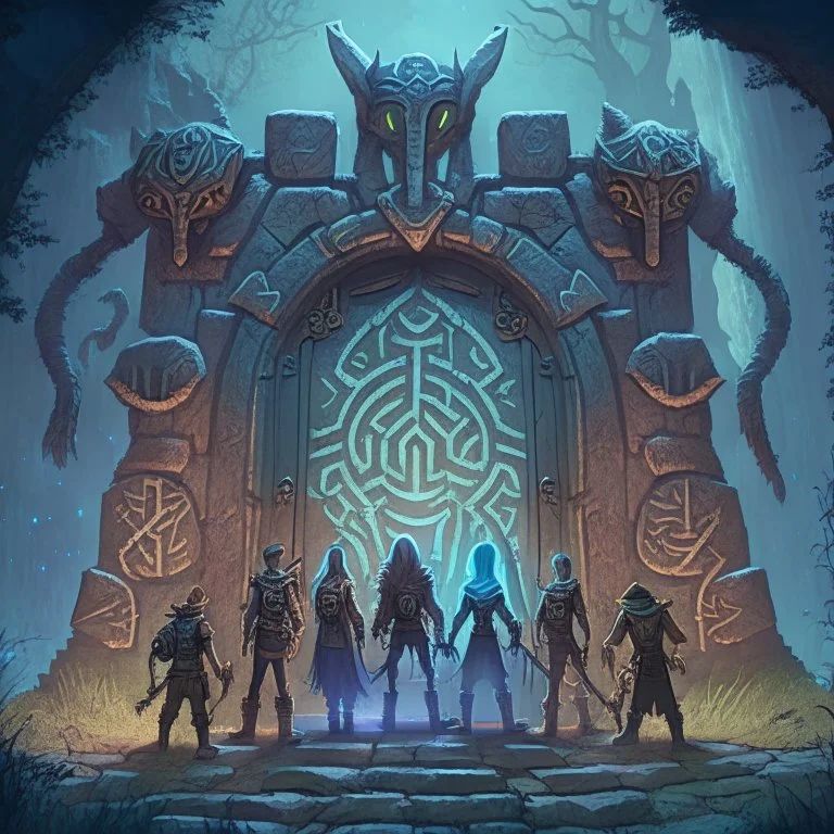 The Gate: A group of adventurers stands before a towering, otherworldly gate adorned with ancient runes. The gate is partially open, revealing a glimpse of a strange and terrifying dimension beyond.