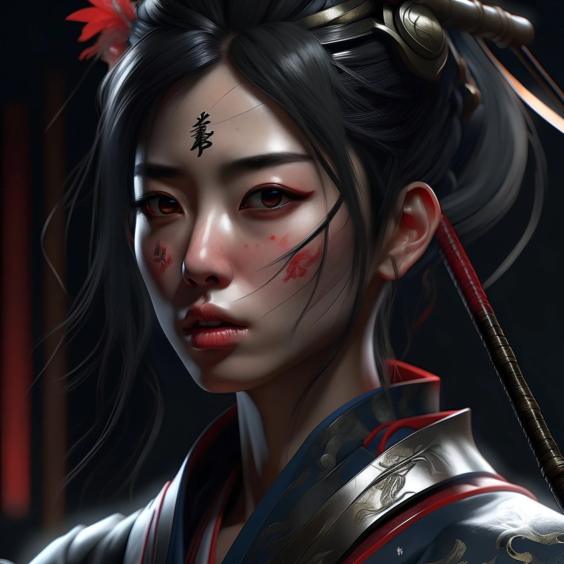 "female Japanese ronin", heroine, katana, samurai, head and shoulders portrait, intricately detailed eyes, 8k resolution concept art portrait by Greg Rutkowski, Artgerm, WLOP, Alphonse Mucha dynamic lighting hyperdetailed intricately detailed Splash art trending on Artstation Unreal Engine 5 volumetric lighting