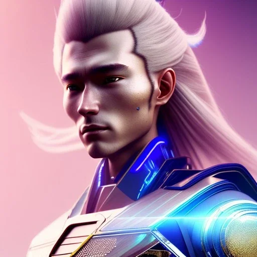 A portrait of a crystalised samurai robot, atmospheric, blond long hair, blue eyes, realistic, unreal engine cosmic galactic, cinematic lighting, octane render, transparent,bleu pink light, Horse tail, cristal goutte rose sur le front