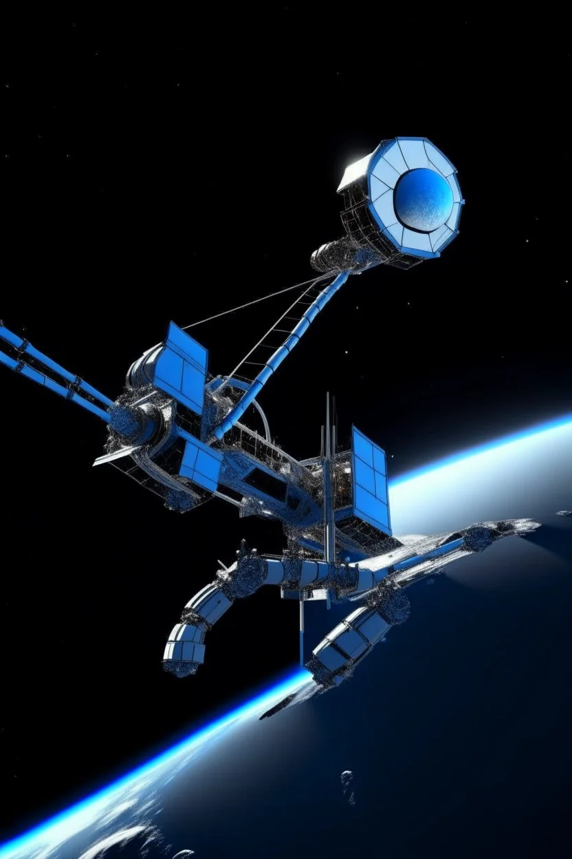 In a sci-fi starry sky background, a slender space flexible robotic arm is located on the satellite in the frame.The images have high resolution