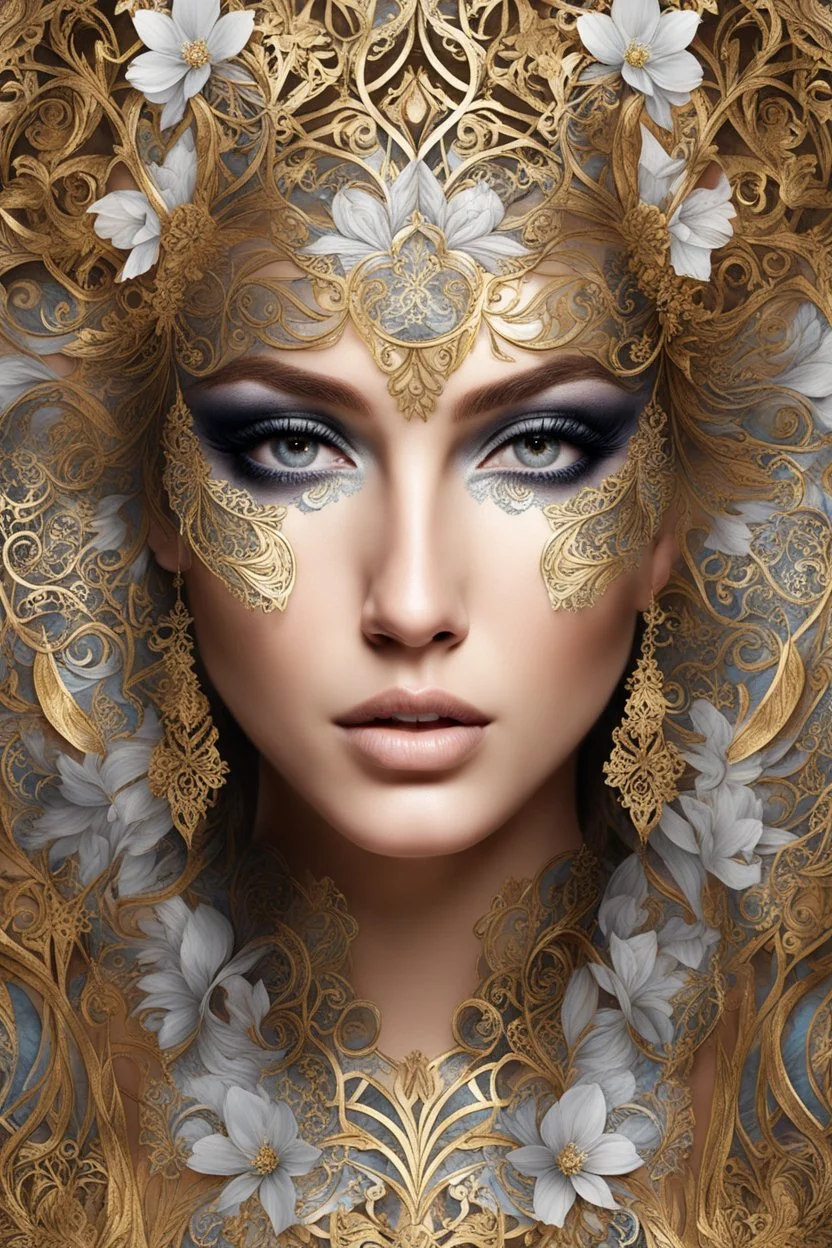 Beautiful face of European woman with voidcore shamanism collage metallic filigree abstract, a portion of her face is art decaden embossed florql t angel , and a portion of her face is stylish flowers metallic filigree foulard print, a portion of her face is gold wooden filigree tqttooed and a portion of her face Is palimpsest stripes, degrade print fantasy background, masterpiece, portrait