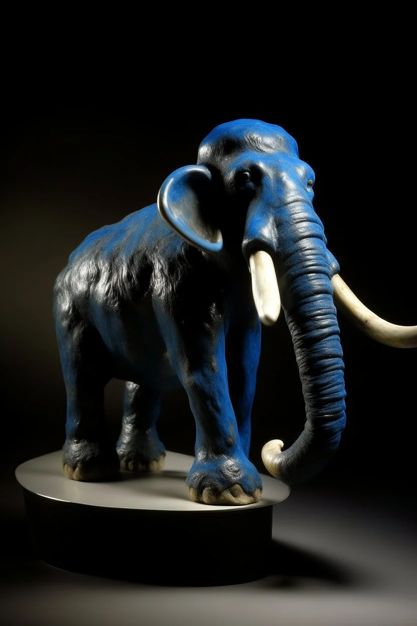 A dark blue ice elemental wooly mammoth designed in African pottery painted by Salvador Dali