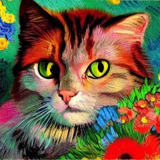 cute multicolored crystal cat, ultra realistic, background of flowers, volumetric lighting, fantasy, highly detailed, lighted background in style of vincent van gogh