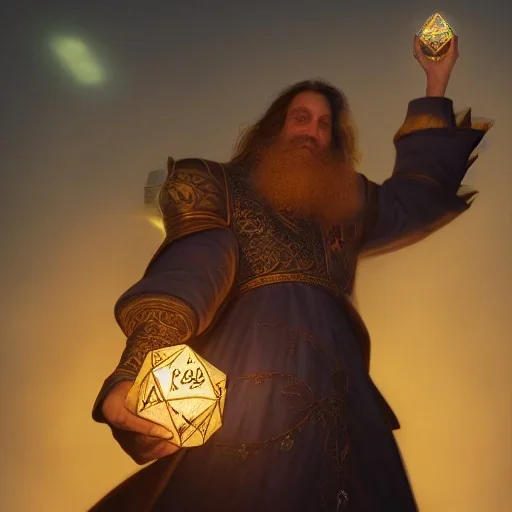 Insanly detailed portrait of a "Dungons and dragons, twilight cleric", holding aloft a glowing D20,bluish gold light emanating from D20, hyperrealism,unreal engine,cinamatic lighting,post processing