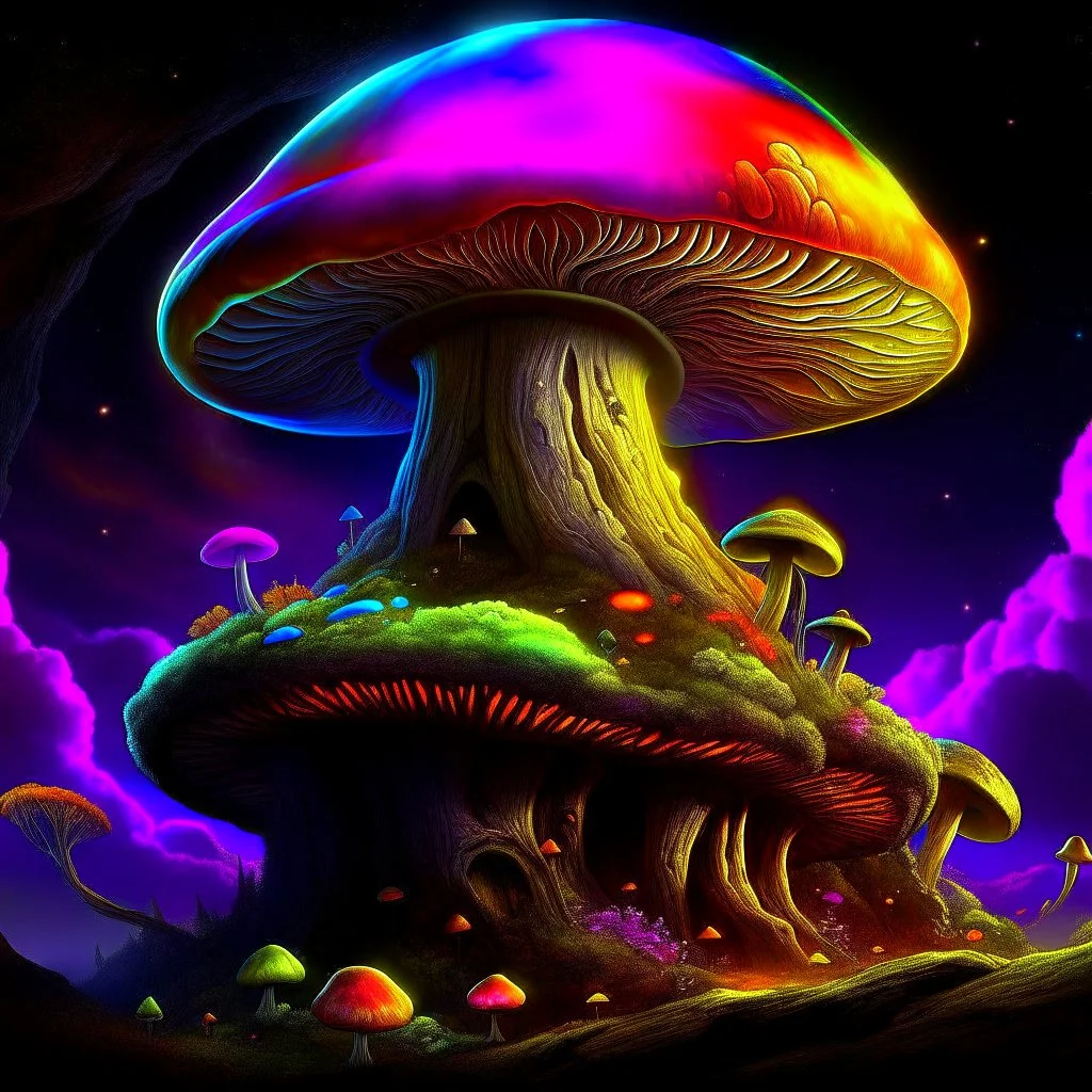 A radtastically amazeballs rainbow glowing, (((mushroom tower))) erected atop a (grassy cliff), surrounded with imaginative (((spiraling space))), contrasted by the stark hues of a (nebulous space scape), . captured by the hand a skilled master painter with a focus on (softly textured compositions and voluminous lighting).