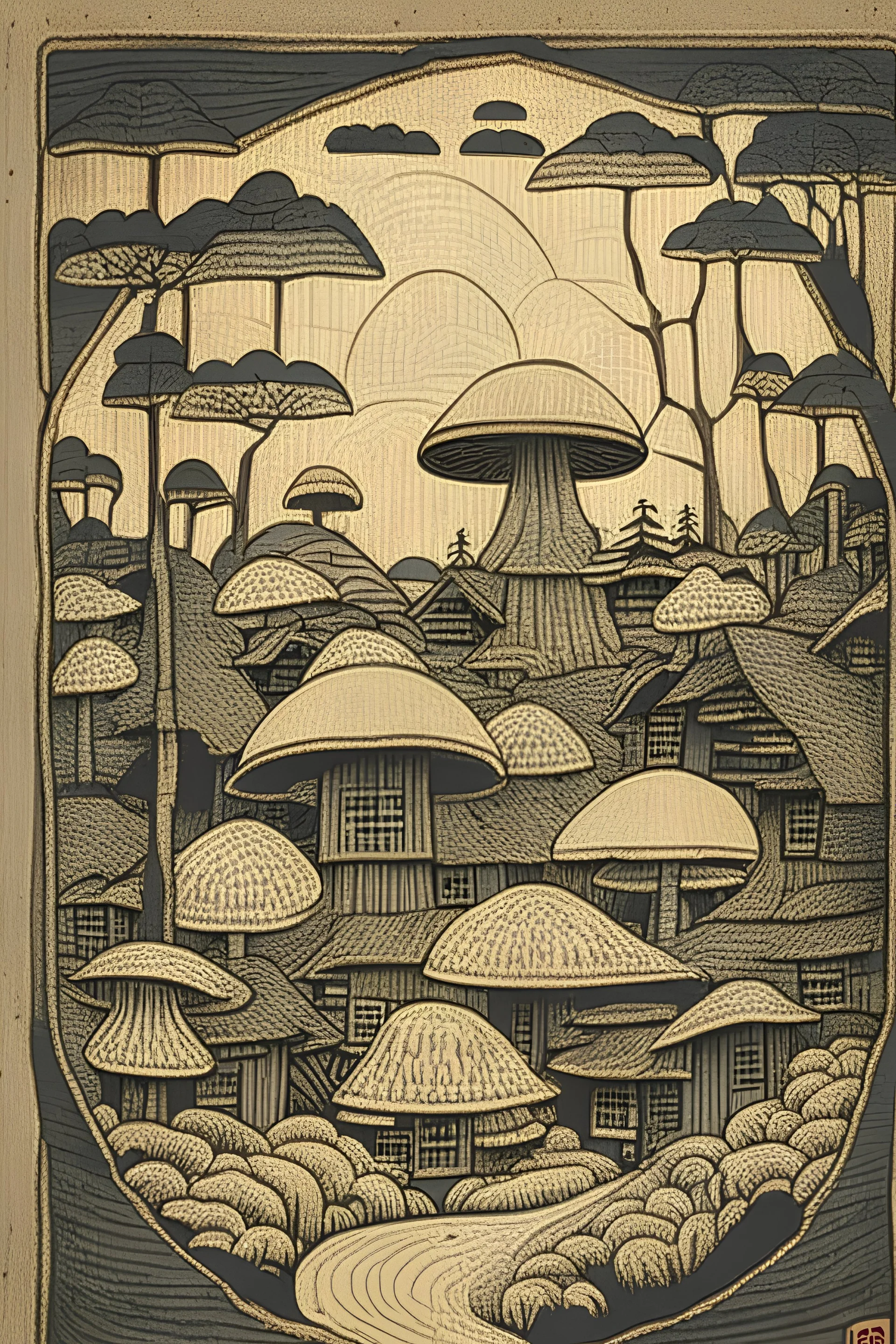 Mushroom village drawn in Japanese woodblock style