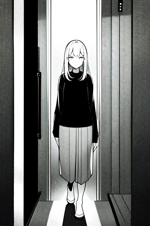 blonde girl walks down corridor in the dark, greyscale