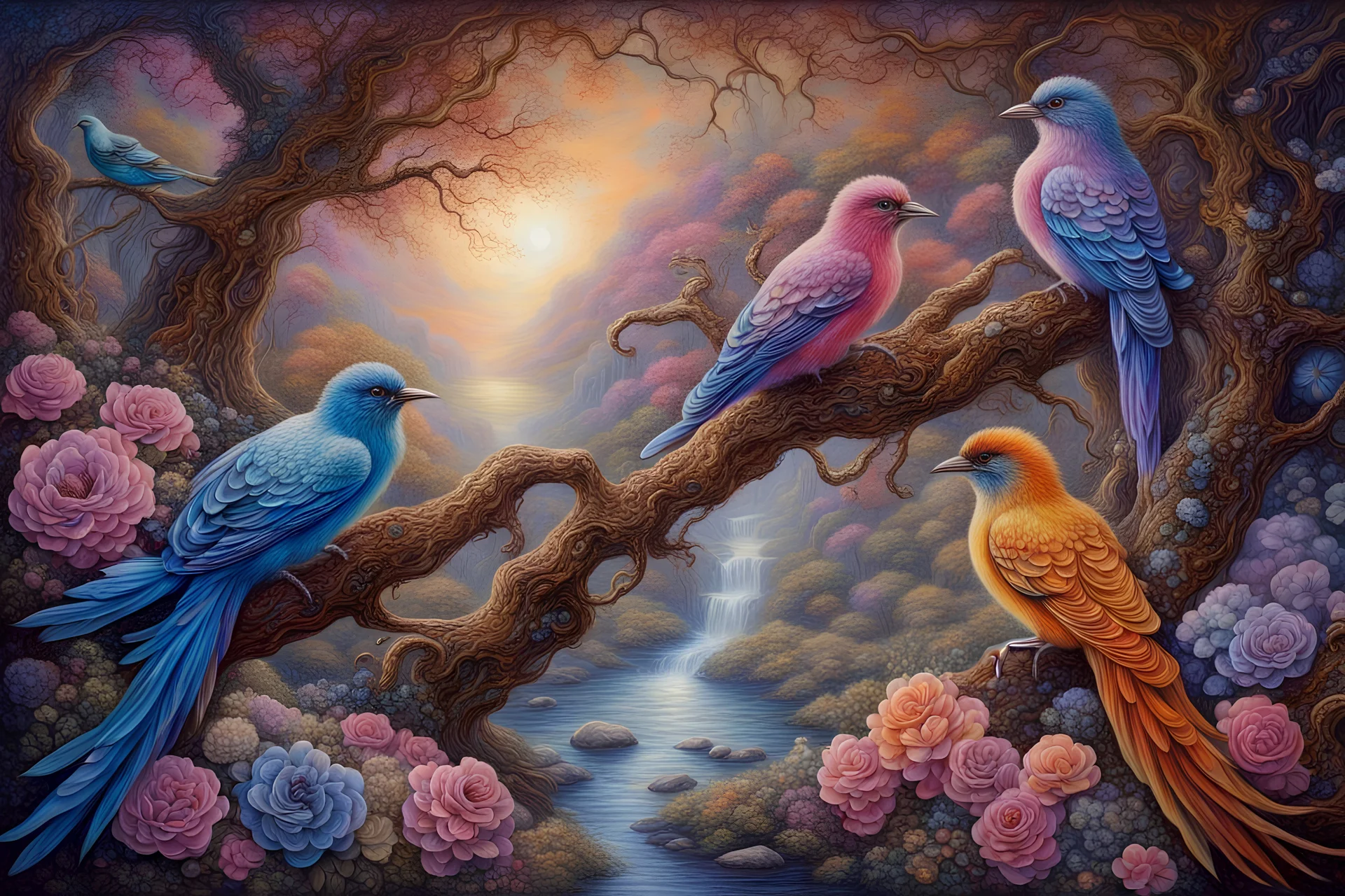 Fantasy birds and fantasy flowers and trees professional award winning masterpiece oil on canvas Atmospheric extremely detailed Josephine Wall