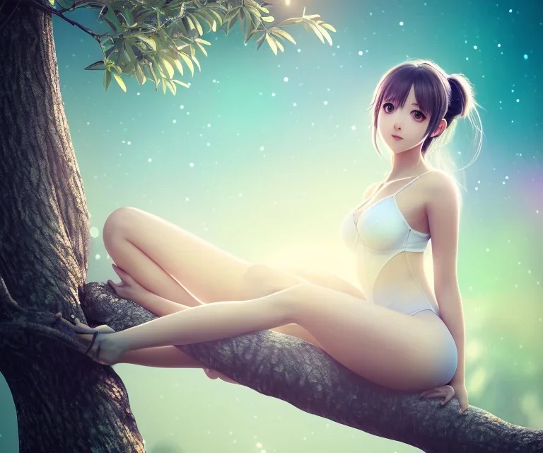 a detailed illustration of a anime girl sitting on a tree branch, luminescent body, glinting spread wings, realistic, soft and smooth glowing wings, soft feathers, macro lens, sharp focus, meticulously detailed, soft studio lighting, smooth blurred gradient evening sky background, 64k