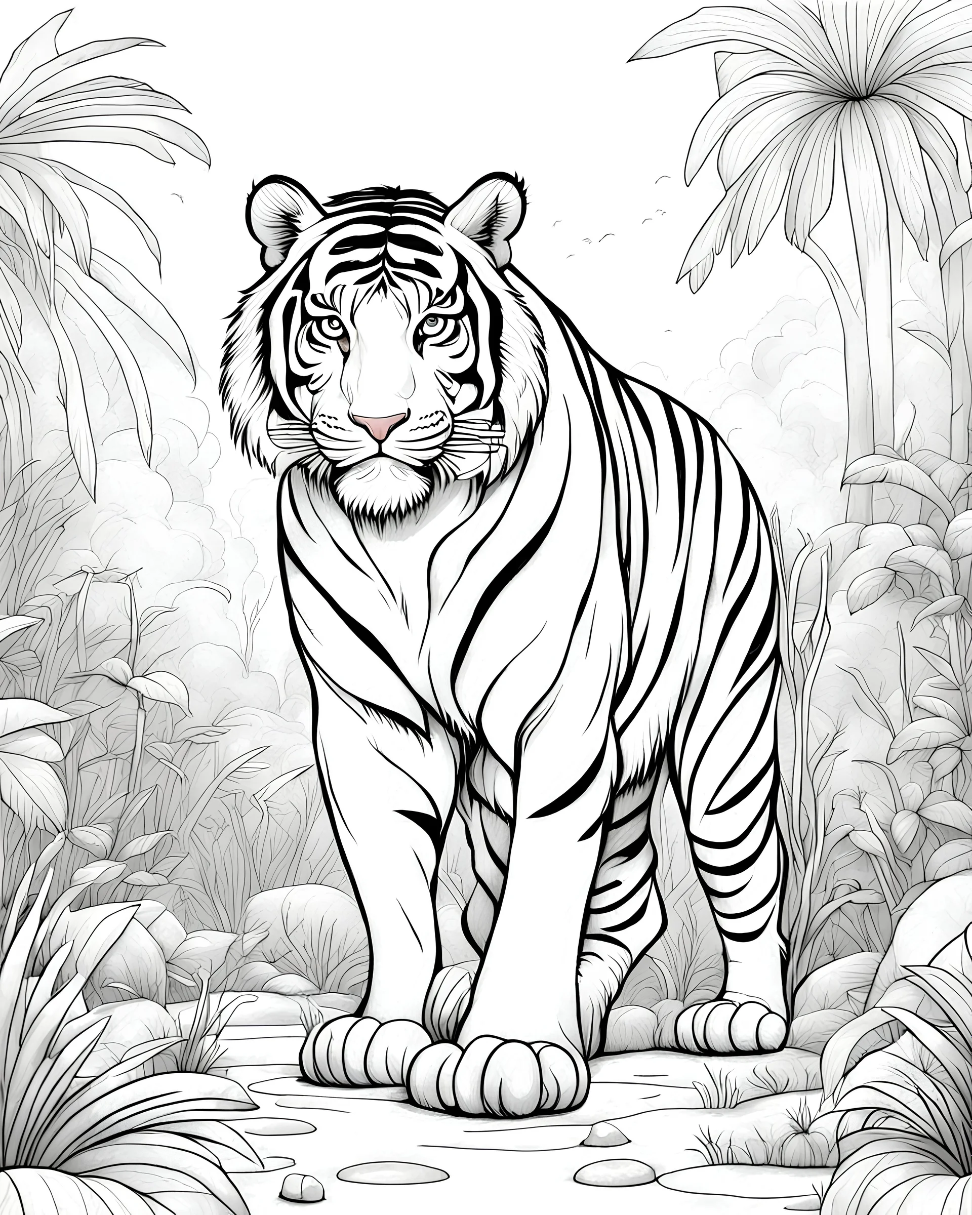 b/w outline art for kids coloring book page Animal-themed, coloring pages, hd Tiger in it's Habitat, full white, adults style, white background, whole body, Sketch style, full body (((((white background))))), only use outline., cartoon style, line art, coloring book, clean line art, Sketch style, line-art