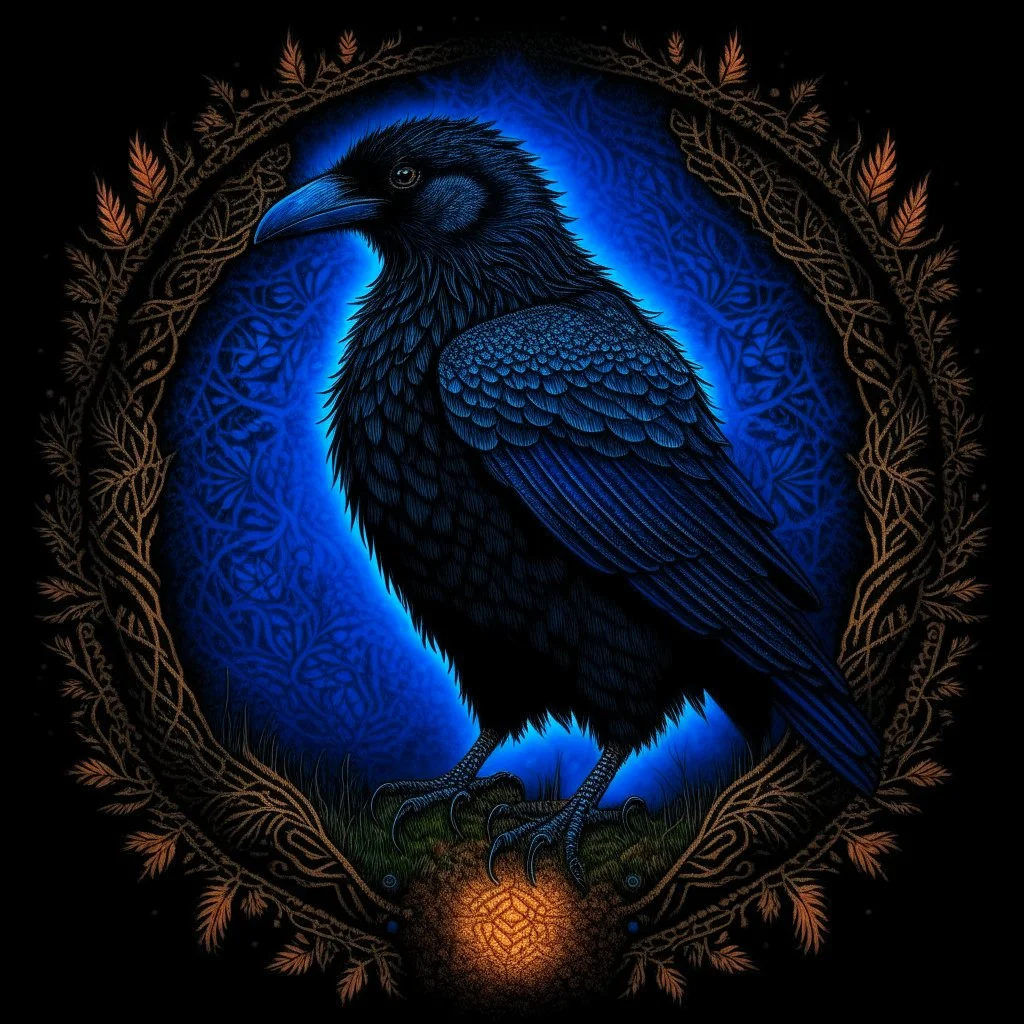 Mighty Raven with nature and runes and glowing eyes