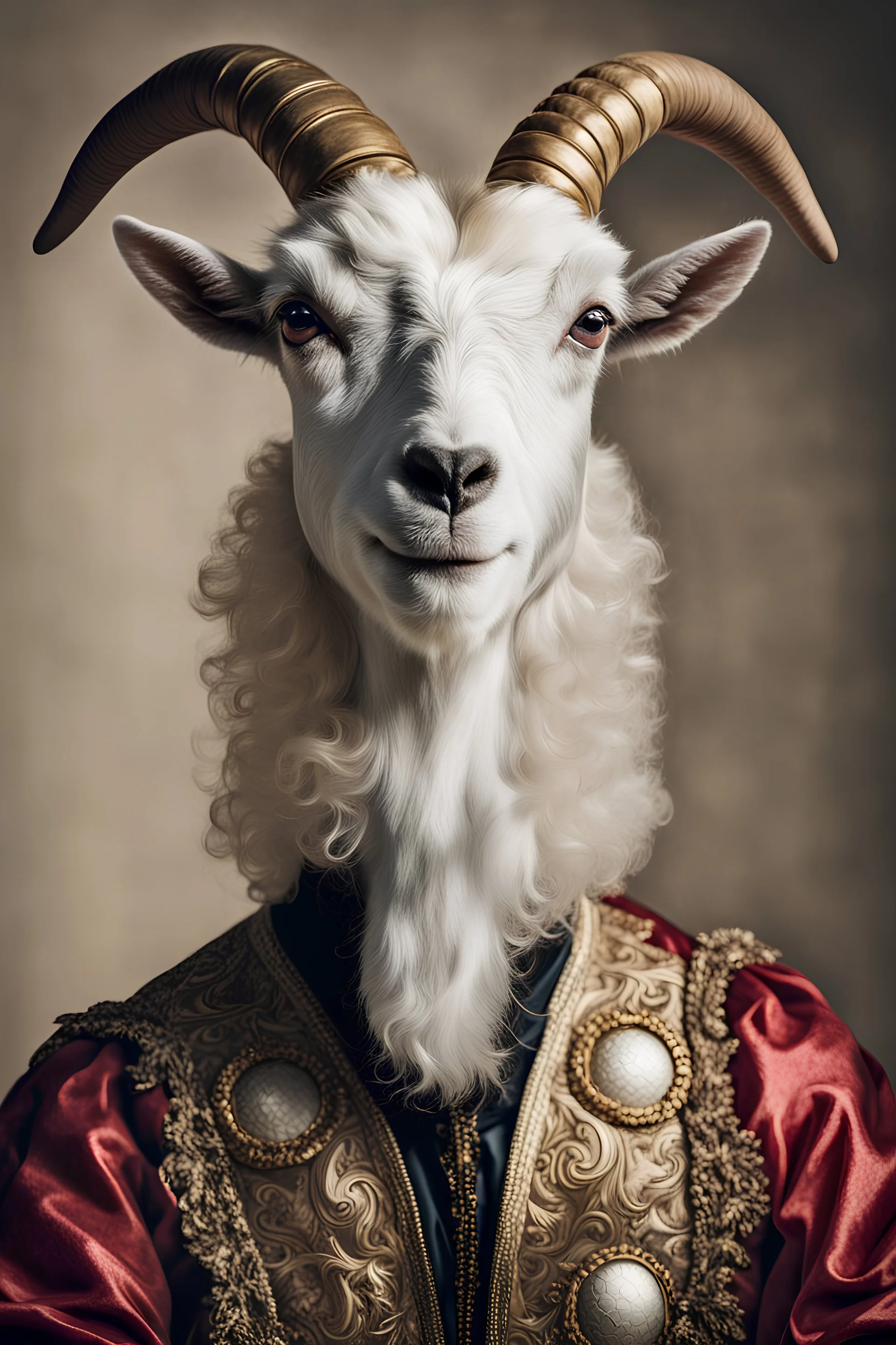 a close up of a goat wearing a costume, a portrait, by Karel Dujardin, baroque, patrick demarchelier, diablo 4 queen, sheep, “hyper realistic, a handsome, hd art, dressed in ornate, ripley scott, a portrait of the character, sultan, album art, shot with Sony Alpha a9 Il and Sony FE 200-600mm f/5.6-6.3 G OSS lens, natural ligh, hyper realistic photograph, ultra detailed