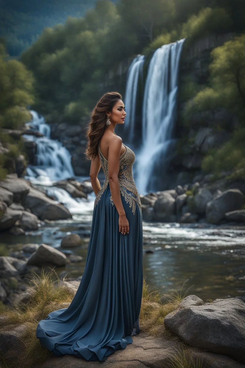 full shot body photo of the most beautiful artwork in the world featuring model, happy mood, High Detail, dramatic, photo realistic, ultra sharp, ultra hd, hyper realistic, ultra realistic, ((((dress)))), trending on artstation, sharp focus, studio photo, intricate details, highly detailed, standing in nice pose in country side with river ,water fall ,rocky valley,mountains at background, pretty clouds