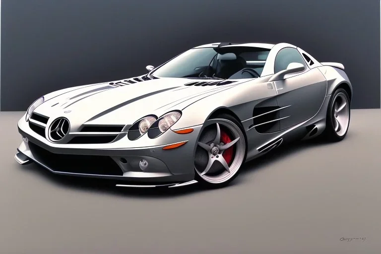 a true-to-life 2005 Mercedes Benz SLR McLaren, classic wheels, twin-color finishing, centered, intricate, extreme detailed, photorealism, center view, stylized random background, pivot on mercedes, pen and color marker painting by cheryl kelley