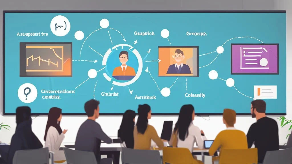 An image that conveys achieving success and skill development. The image depicts a group of individuals gathered in an inspiring teamwork session. They appear engaged in discussion and constructive exchange of ideas. In the background, a screen displays a chart or a conceptual map indicating various goals and pathways. Everyone appears enthusiastic and dedicated to collaborative work and continuous learning. The image reflects collaboration and a focus on achieving success through skill develop