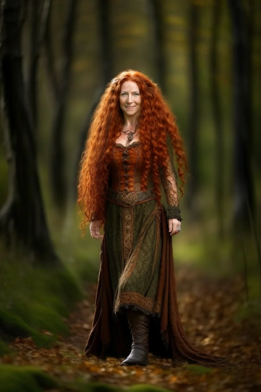 full body portrait of a beautiful 30 year old highlander woman with long reddish curly hair, curvy body, earthbound, warm-hearted, leader, goddess-like