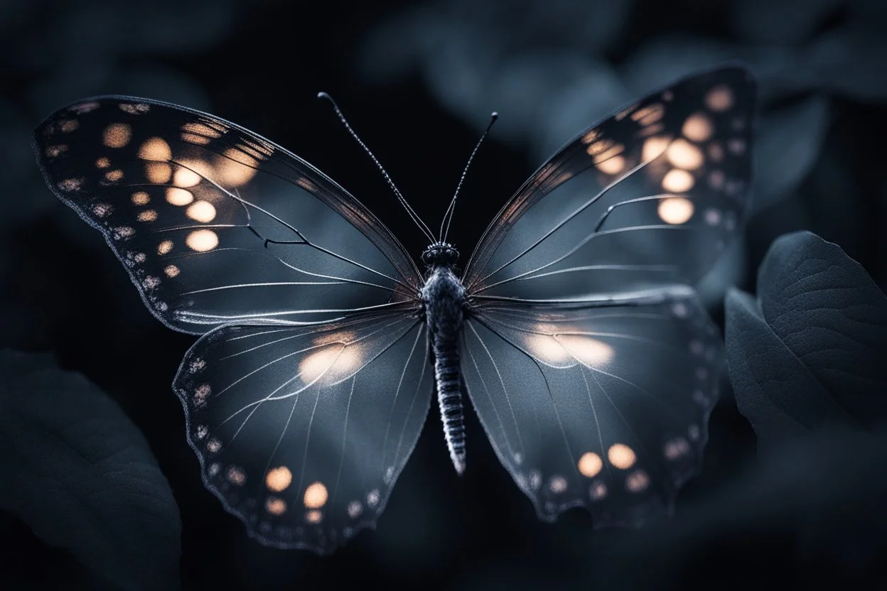 diaphanous transparent light butterfly with glowing center on dark grey leaves, ethereal, otherwordly, cinematic postprocessing, bokeh, dof