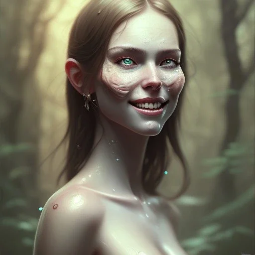 epic portrait of a beautiful girl with an unnaturally wide smile, horror smile, sharp focus, beautiful!, dewy skin, ethereal, painting, concept art, warm lighting, greg rutkowski