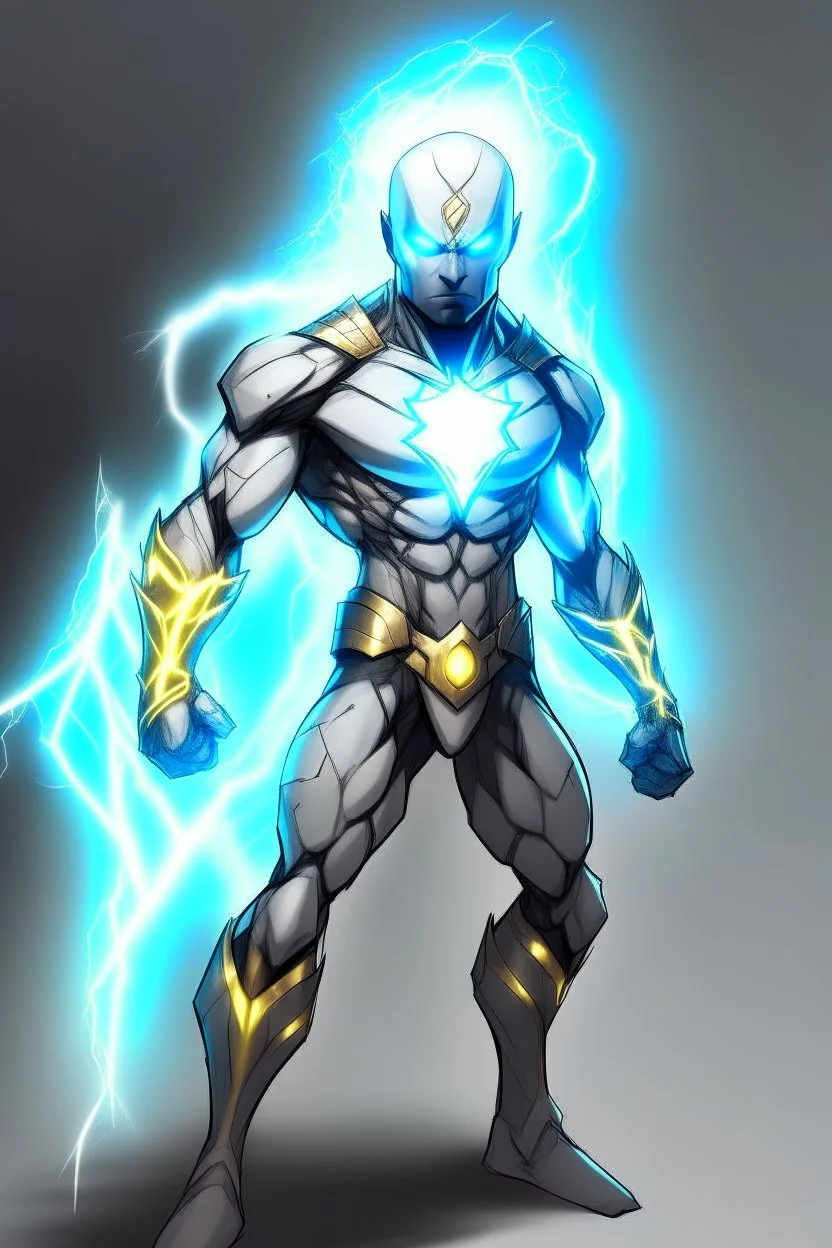 a drawing character that can control lighting and hes a superhero, hes kinda see through , and has a grey skin tone, and has a GYATT he has lightning surrounding him