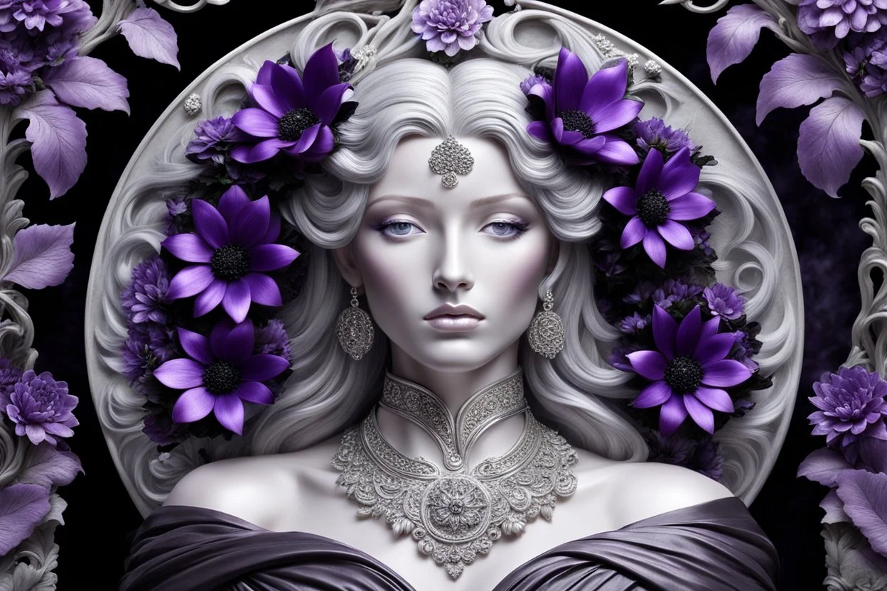 A silver-haired statuesque woman with black-purple silk flowers blooming around her head like a halo. She black to be carved from a block of marble, showcasing an intricate and flawless design. Her enchanting shiny gaze and the delicate flowers, plants decorations surrounding her make this piece a perfect representation of artistry , mystic fantasy and elegance.