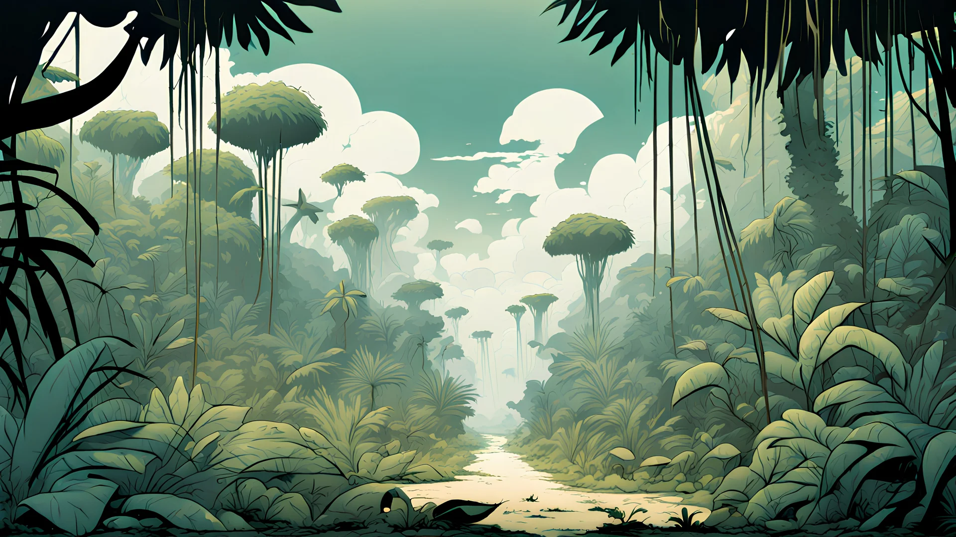 comic style, a wide shot, a jungle, surreal, at day