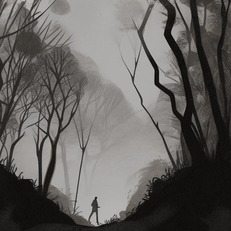 ilustración de un hombre en mitad de un bosque