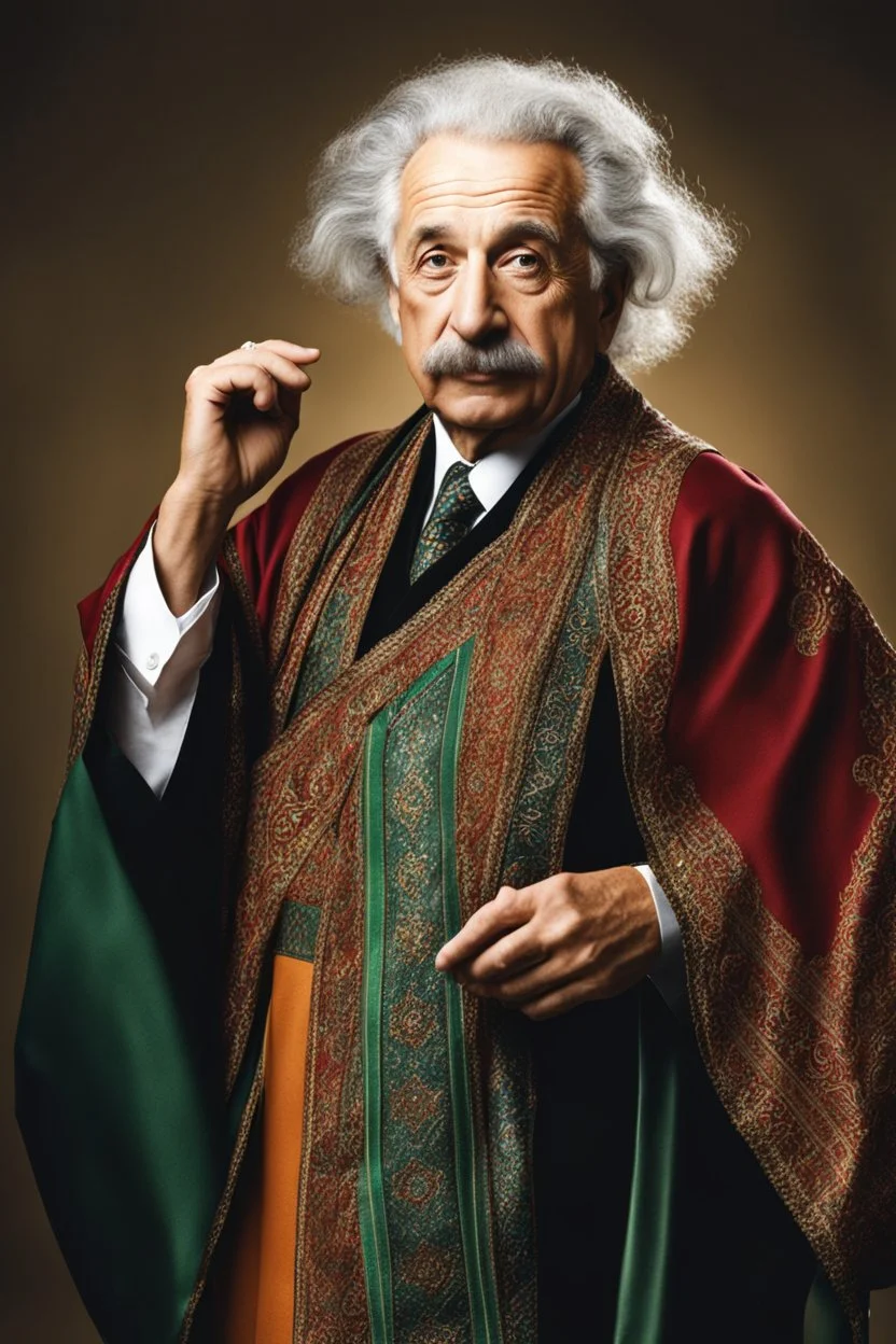 Einstein i n azeri traditional costum color full ,upper body ,blury background ,closeup ,sharp focus