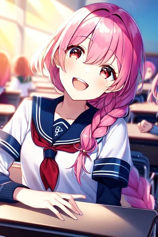 girl, masterpiece, best quality, cinematic lighting, detailed outfit, vibrant colors, perfect eyes, pink hair, red eyes, school outfit, braided ponytail, laughing, sparkle, classroom, light rays, god rays, depth of field,