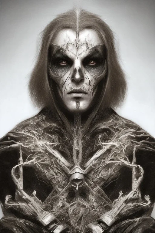 Symmetric portrait of a man with black metal facepaint , looking like Sotiris V Anunnaki