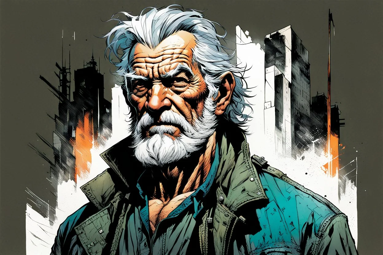 create a full body portrait illustration of a an aged grey haired, coarsely shaved, raggedly dressed, post apocalyptic, skid row derelict , with highly detailed and deeply cut facial features, in the comic art style of FRANK MILLER and BILL SIENKIEWICZ, searing lines and forceful strokes, precisely drawn, boldly inked, with gritty textures, vibrant colors, dramatic otherworldly lighting