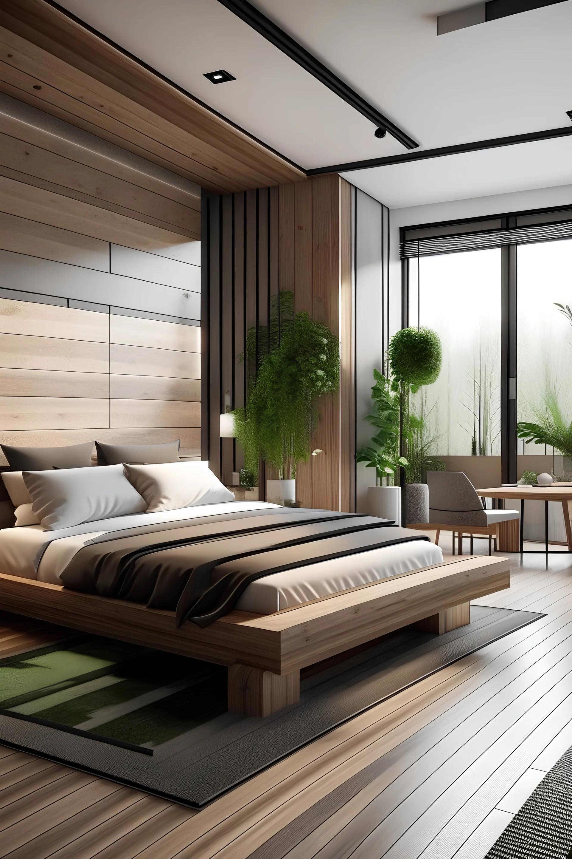 generate a modern master bedroom, with interior design, wood, plants, a chimney and a bathroom