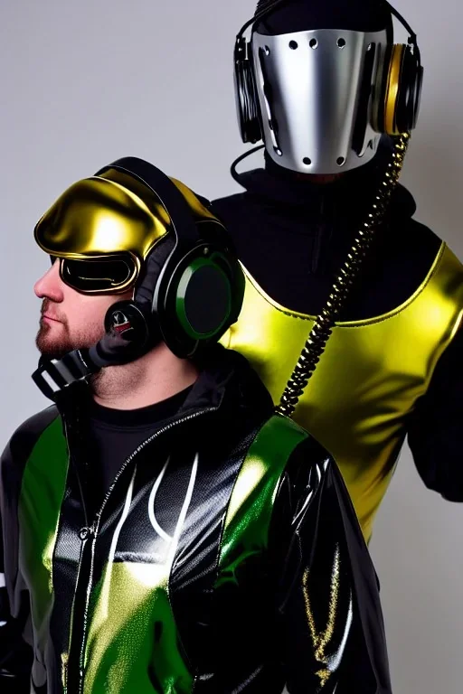 Metallic Cyber-punk style man with a web-camera-mask and old AKG-style headphones with golden rings. Large fencing mask covers man's cheeks. Man in good body shape. Reflective plastic body jacket full-coverage. Body and head full of integrated old-fashioned cameras and an old telephone. Black to army green latex surfaces body. Perfect body. Euclidean 3D-tiling, Escher tiling, background. Cables in head. Daft Punk 1996. Matrix black leather jacket with a Hood.