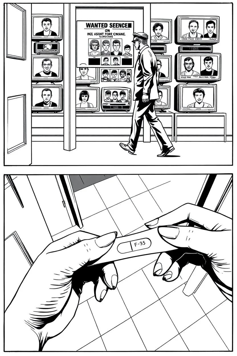 uncolored comic book page: top panel(man on his way out the door walks past a display of televisions on which a bulletin of wanted criminals mugshots appears, higher over the shoulder camera perspective), bottom panel(pov a woman's hand with acrylic nails holding a pregnancy test that shows a positive result, tile floor below), panels divided at a 30 degree angle